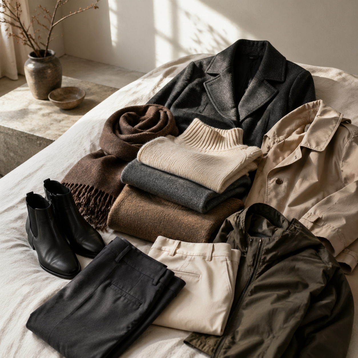 The Autumn Capsule Checklist That Avoids Panic Buying visual with refined wardrobe shapes, fabric texture, and calm editorial color.