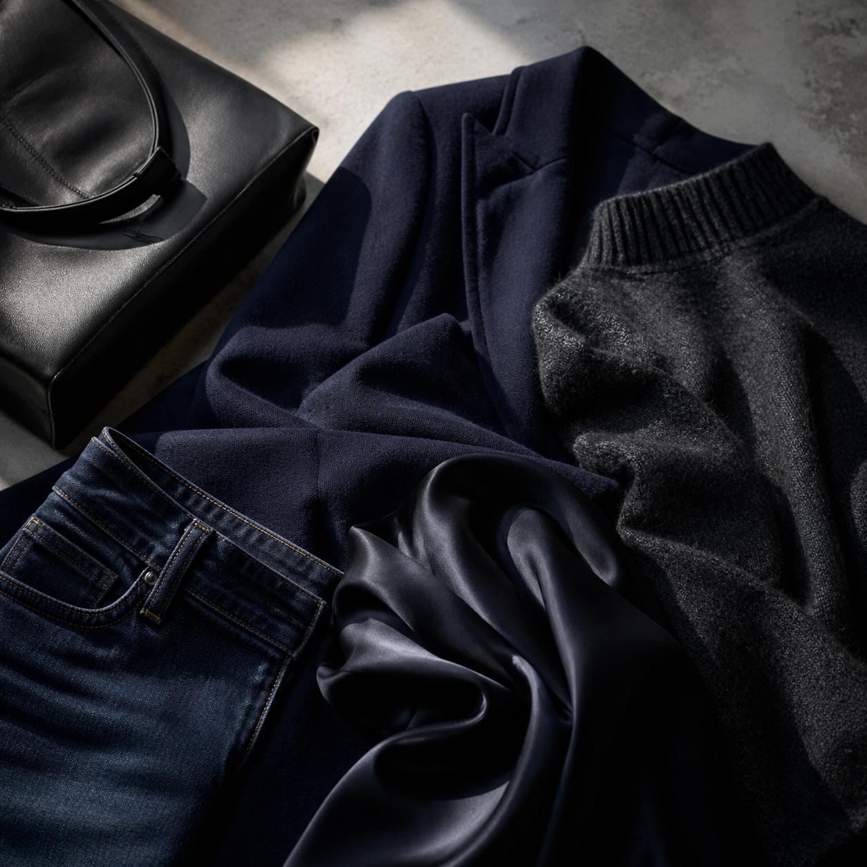 Black and Navy Work Together When the Intent Is Clear visual with refined wardrobe shapes, fabric texture, and calm editorial color.