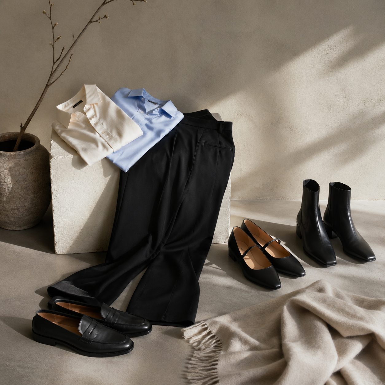 Black Trousers That Do More Than Look Smart visual with refined wardrobe shapes, fabric texture, and calm editorial color.