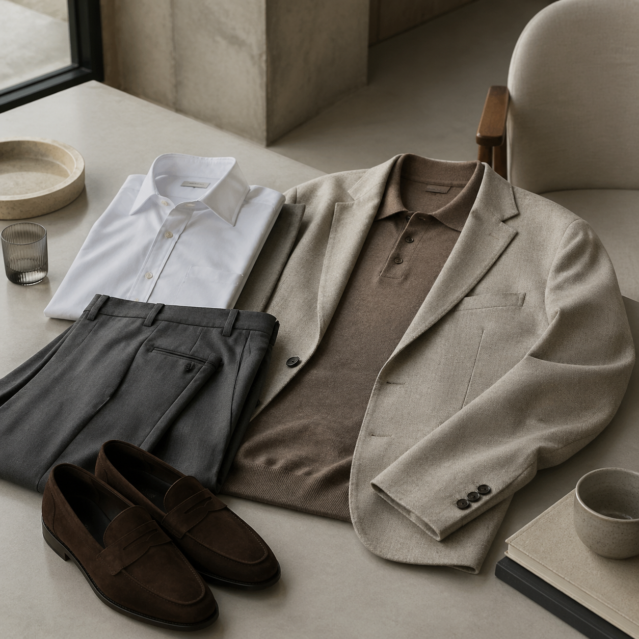 Business Casual Looks Better With Fewer Compromises visual with refined wardrobe shapes, fabric texture, and calm editorial color.
