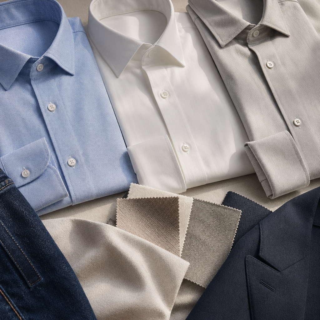 Oxford, Poplin, Twill: Which Shirt Fabric Does What visual with refined wardrobe shapes, fabric texture, and calm editorial color.