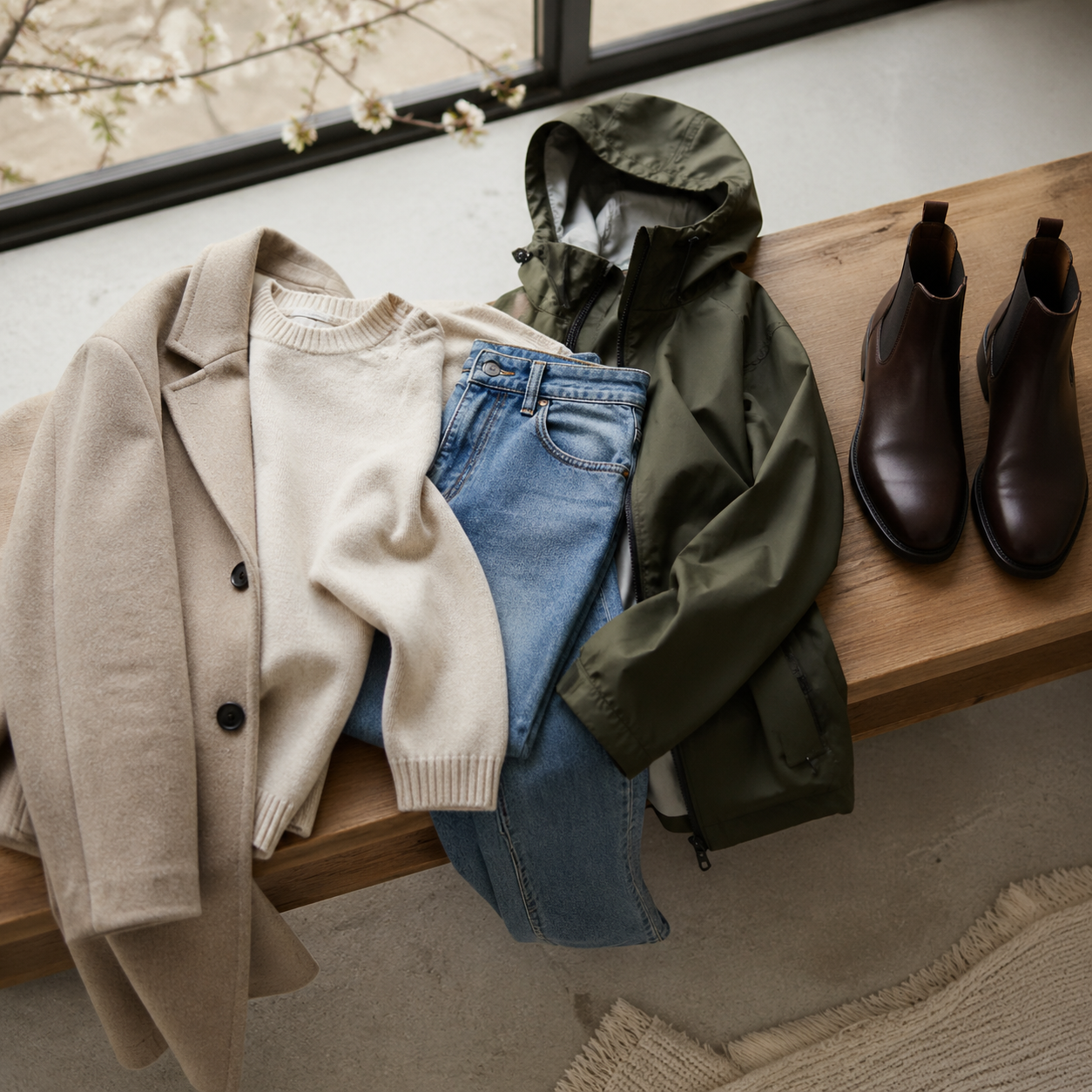 Canadian Spring Transition Outfits for Cold Mornings and Soft Afternoons visual with refined wardrobe shapes, fabric texture, and calm editorial color.