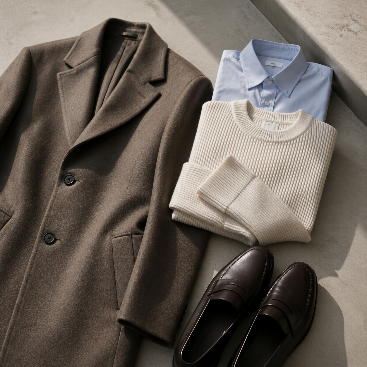 The Capsule Coat Guide: Shape, Weight, and the First Layer Beneath It visual with refined wardrobe shapes, fabric texture, and calm editorial color.