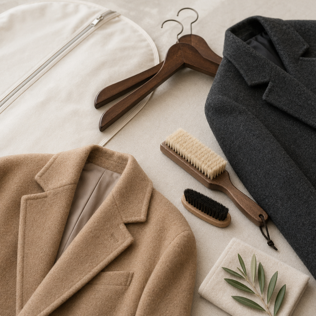 How to Care for a Wool Coat So It Keeps Its Shape visual with refined wardrobe shapes, fabric texture, and calm editorial color.