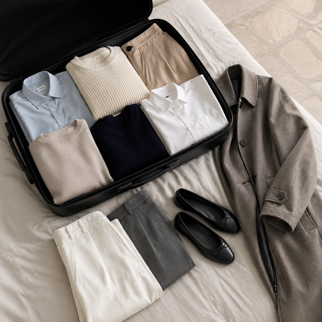 A Carry-On Capsule for One Week Away visual with refined wardrobe shapes, fabric texture, and calm editorial color.