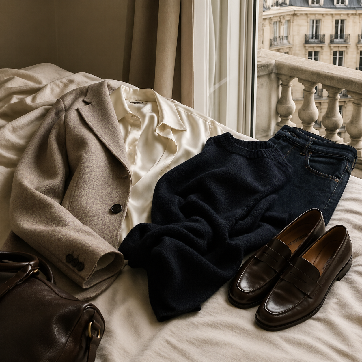 The City-Break Evening Layer visual with refined wardrobe shapes, fabric texture, and calm editorial color.