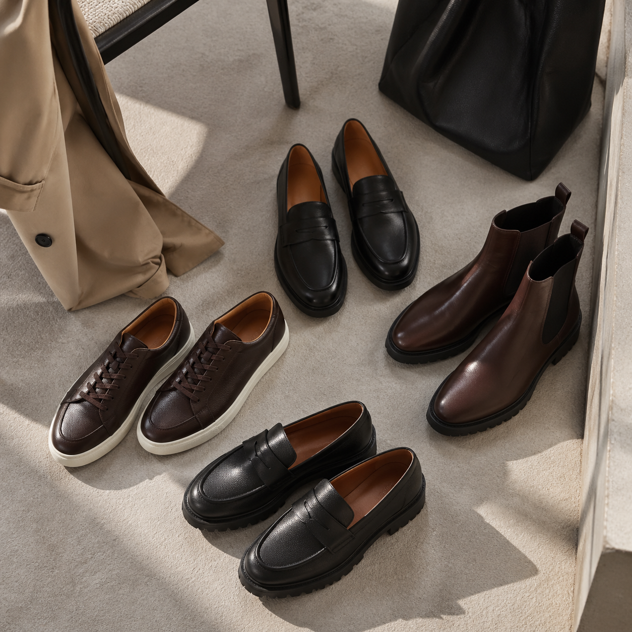 Commuter Shoes That Still Belong in the Office visual with refined wardrobe shapes, fabric texture, and calm editorial color.