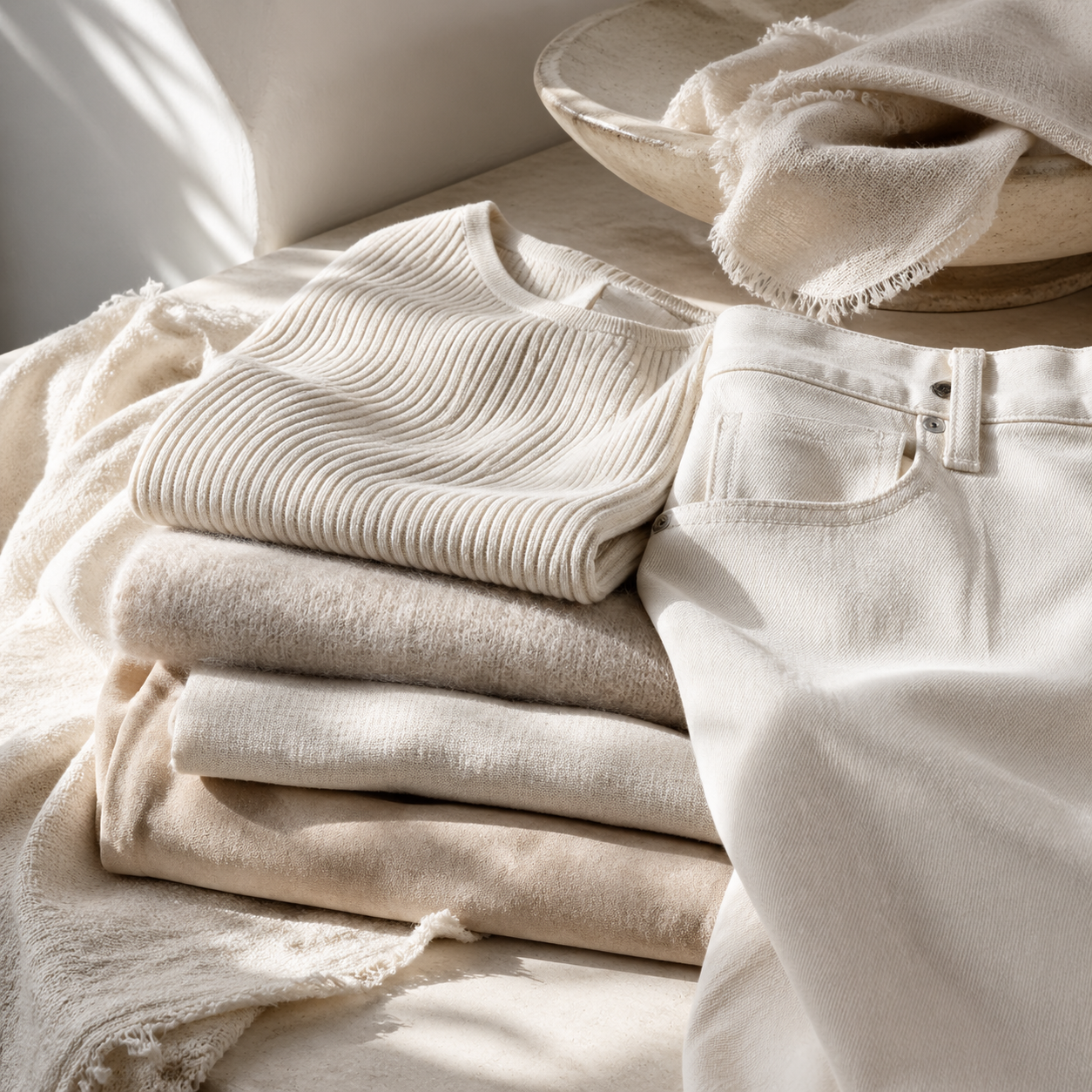 Cream on Cream Needs Texture, Not More Cream visual with refined wardrobe shapes, fabric texture, and calm editorial color.