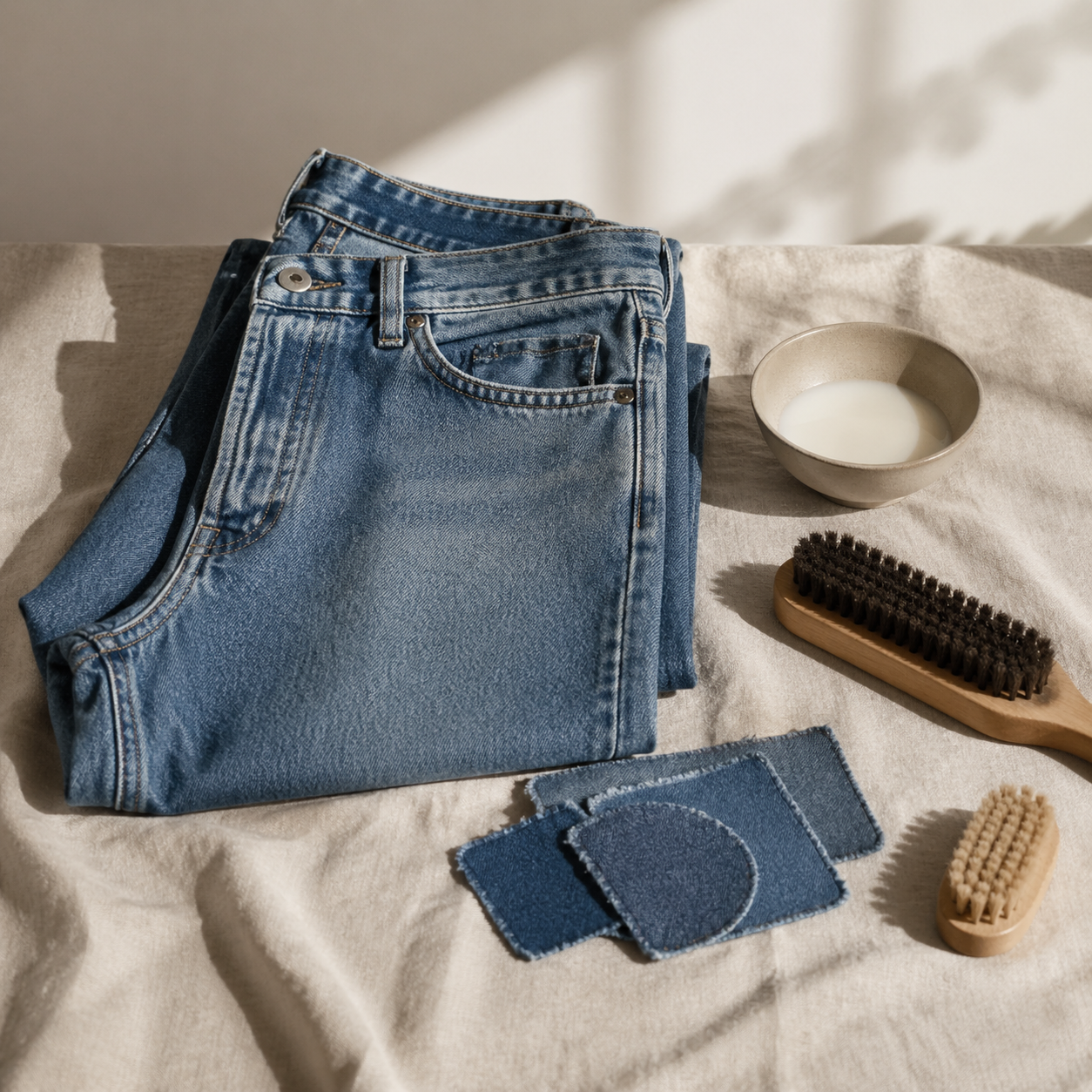 Denim Care for People Who Actually Wear Their Jeans visual with refined wardrobe shapes, fabric texture, and calm editorial color.