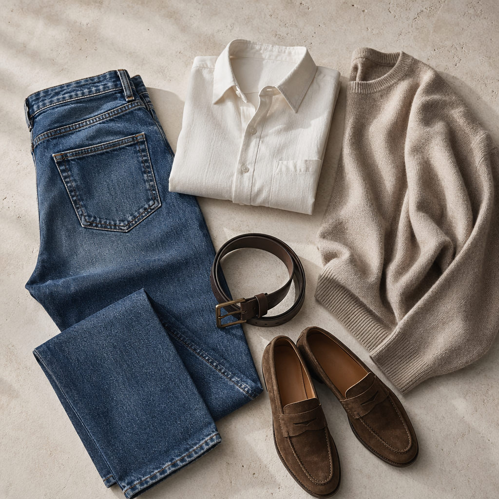 The Denim Rise Guide for Cleaner Weekend Outfits visual with refined wardrobe shapes, fabric texture, and calm editorial color.