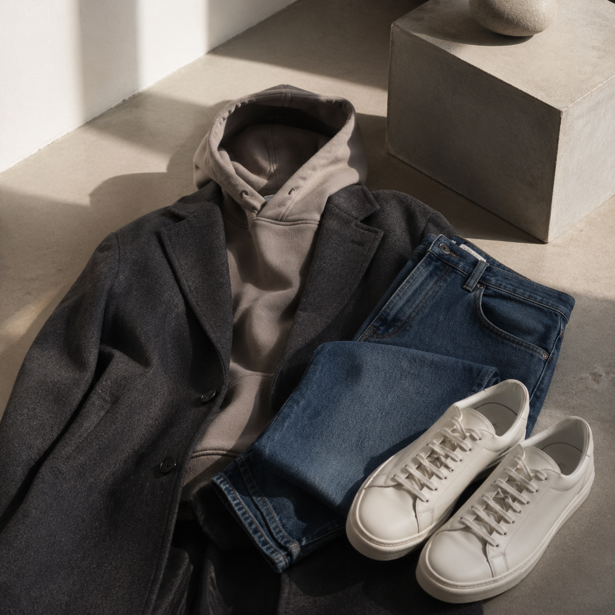 How to Wear a Hoodie Without Losing the Whole Outfit visual with refined wardrobe shapes, fabric texture, and calm editorial color.