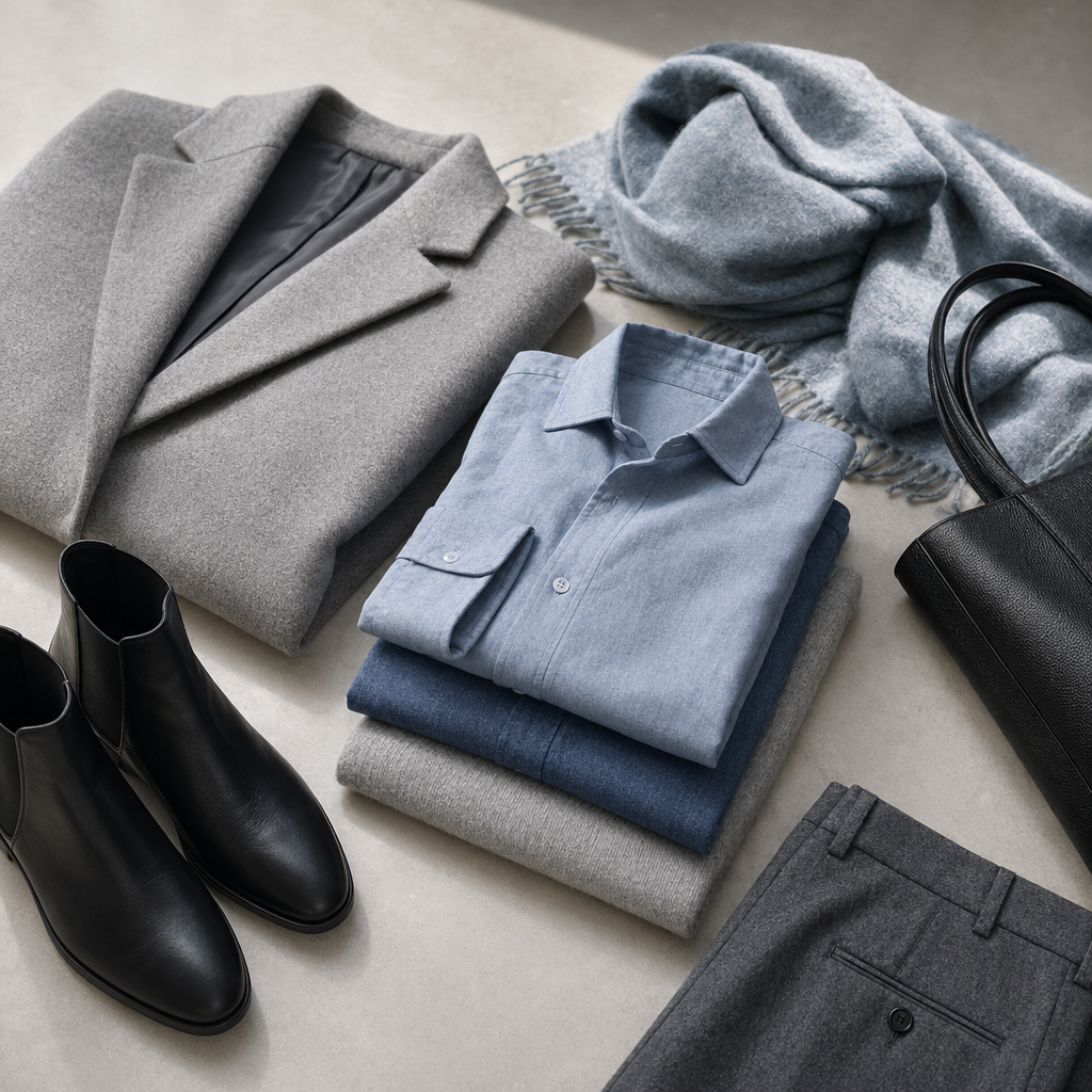 Grey-Blue Is the Most Useful Soft Color in a Quiet Wardrobe visual with refined wardrobe shapes, fabric texture, and calm editorial color.
