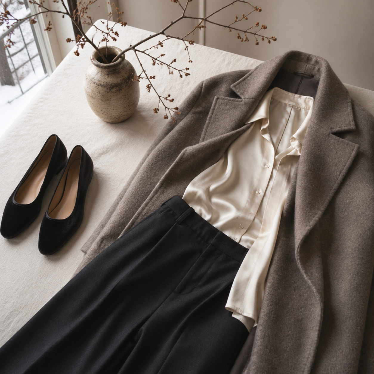 Holiday Dinner Outfits That Do Not Depend on Sparkle visual with refined wardrobe shapes, fabric texture, and calm editorial color.