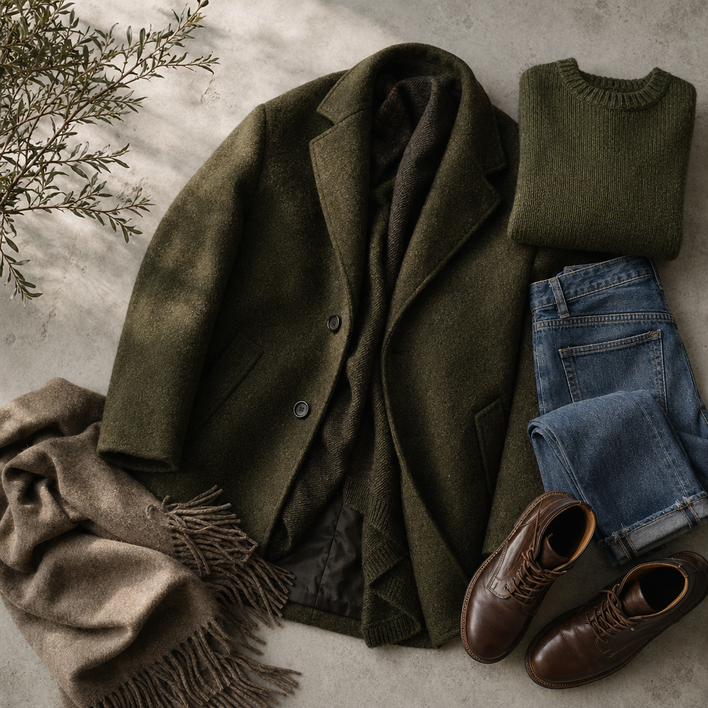 Moss Green Works Like a Neutral When the Texture Is Right visual with refined wardrobe shapes, fabric texture, and calm editorial color.