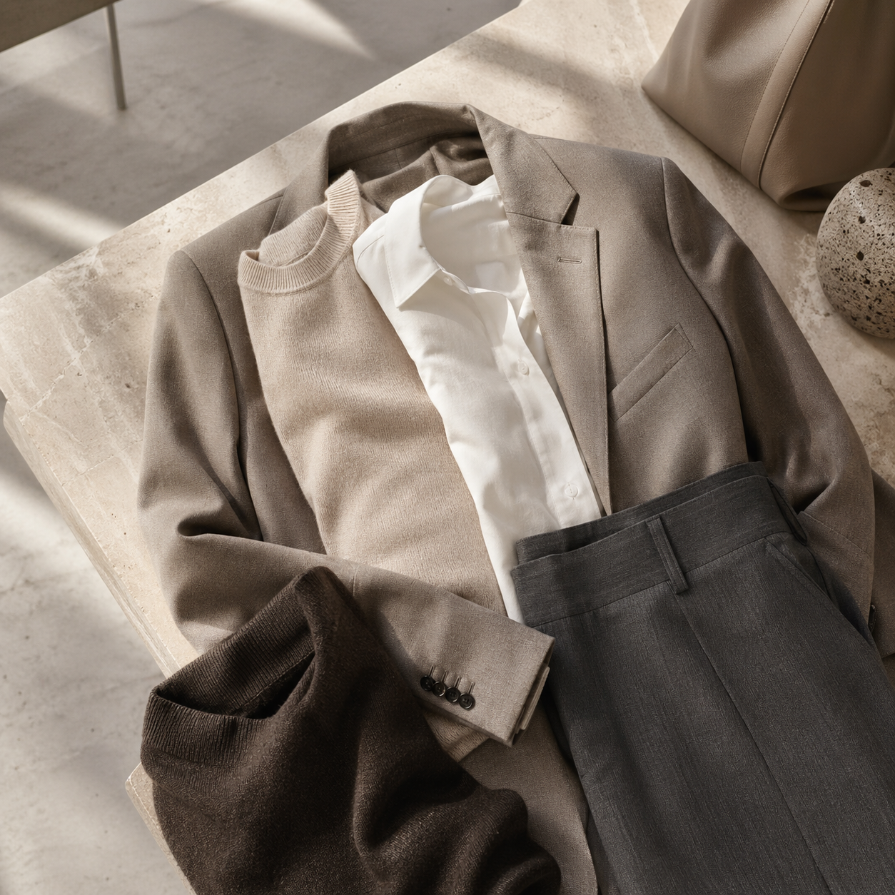 Office Layers Without Stiffness visual with refined wardrobe shapes, fabric texture, and calm editorial color.