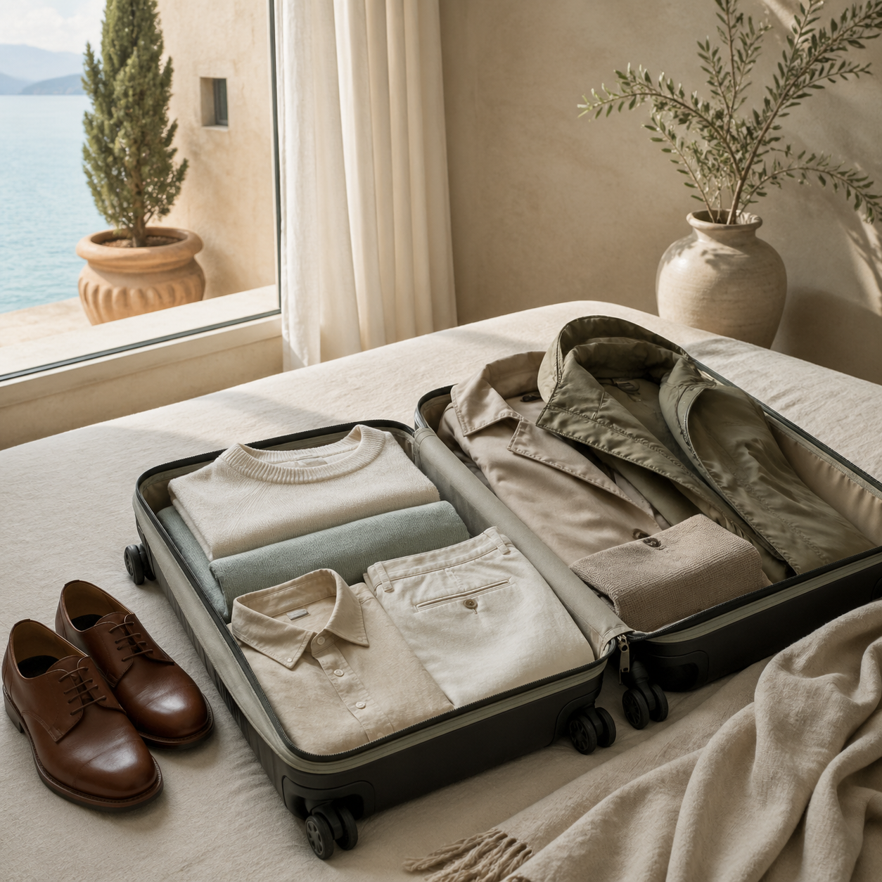 Packing for Two Climates Without Doubling the Suitcase visual with refined wardrobe shapes, fabric texture, and calm editorial color.