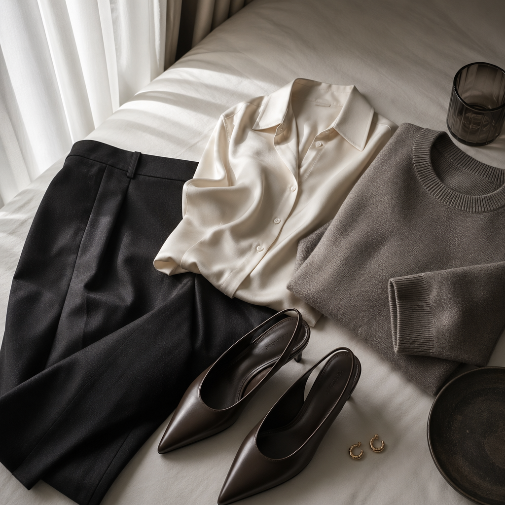 A Quiet Evening Outfit That Still Feels Special visual with refined wardrobe shapes, fabric texture, and calm editorial color.