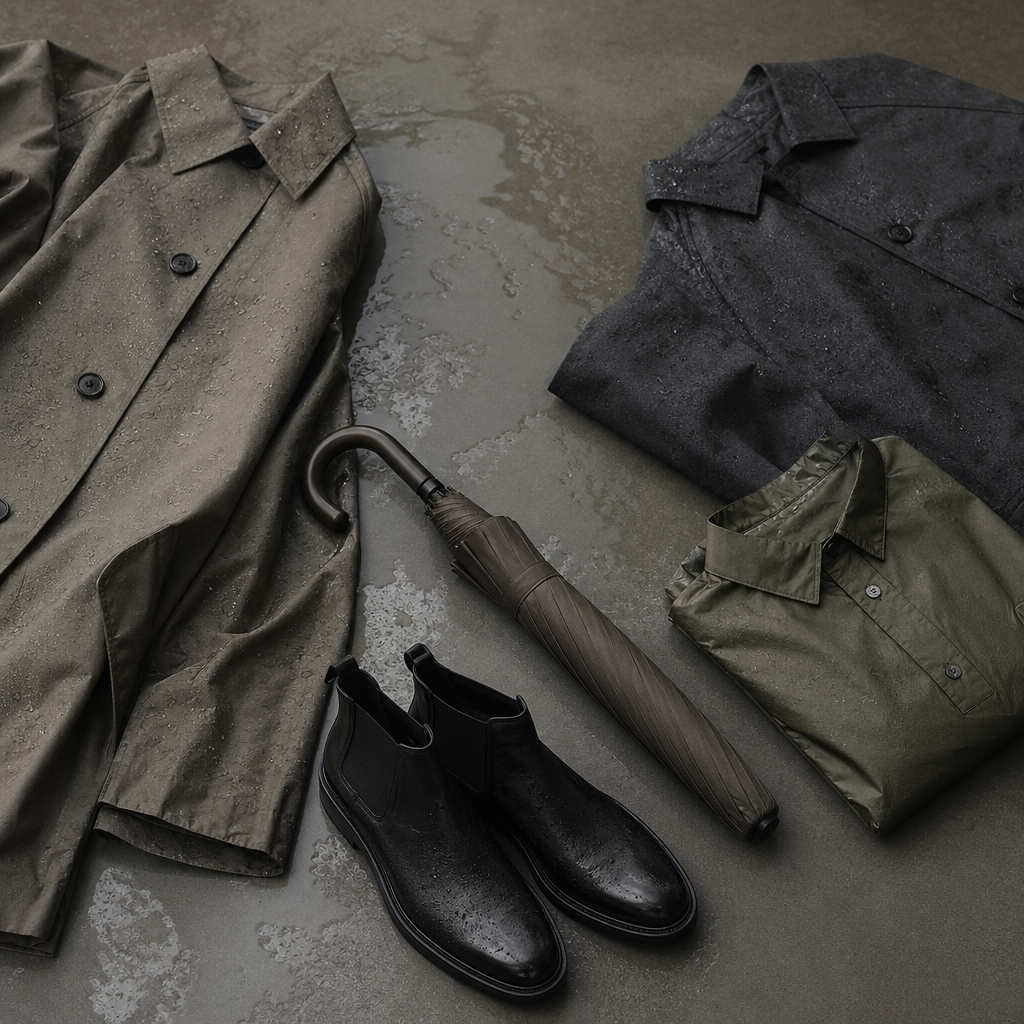 Rainy Commute Outfits That Still Look Composed visual with refined wardrobe shapes, fabric texture, and calm editorial color.