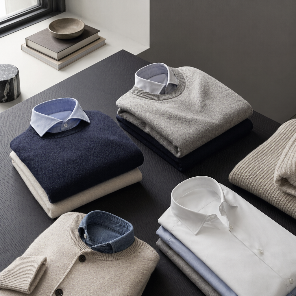 The Shirt Under Knitwear Problem, Solved visual with refined wardrobe shapes, fabric texture, and calm editorial color.