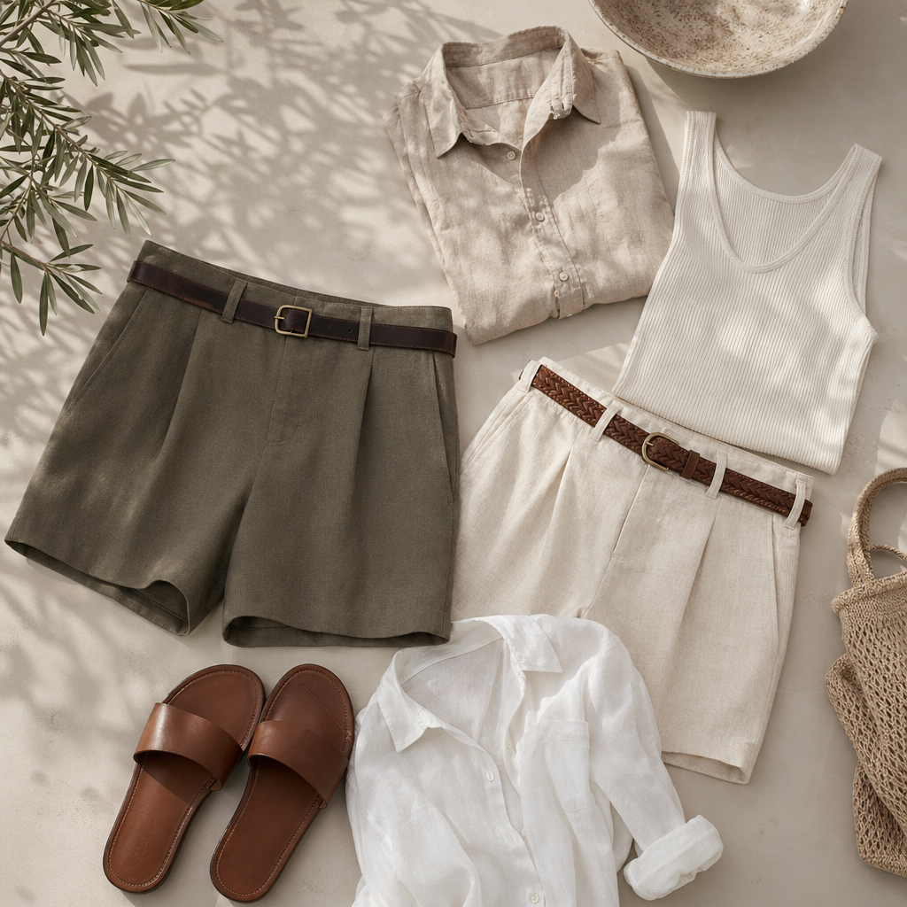 Shorts That Look Dressed, Not Accidental visual with refined wardrobe shapes, fabric texture, and calm editorial color.