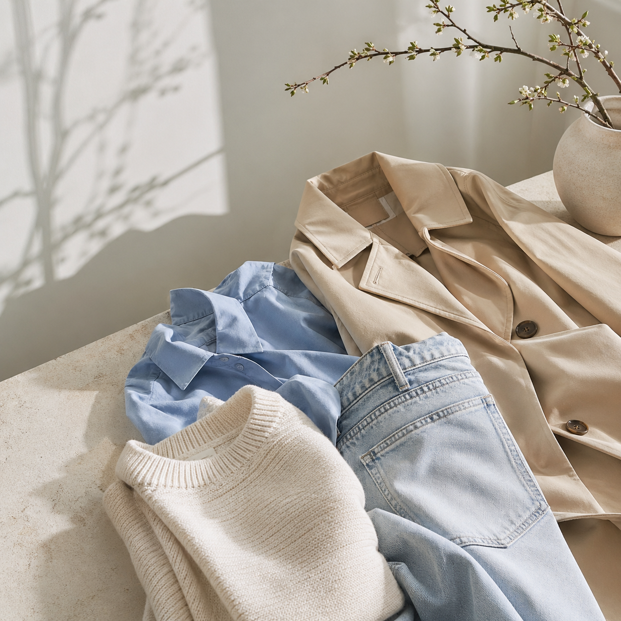 A Spring Capsule Refresh Without Starting Over visual with refined wardrobe shapes, fabric texture, and calm editorial color.