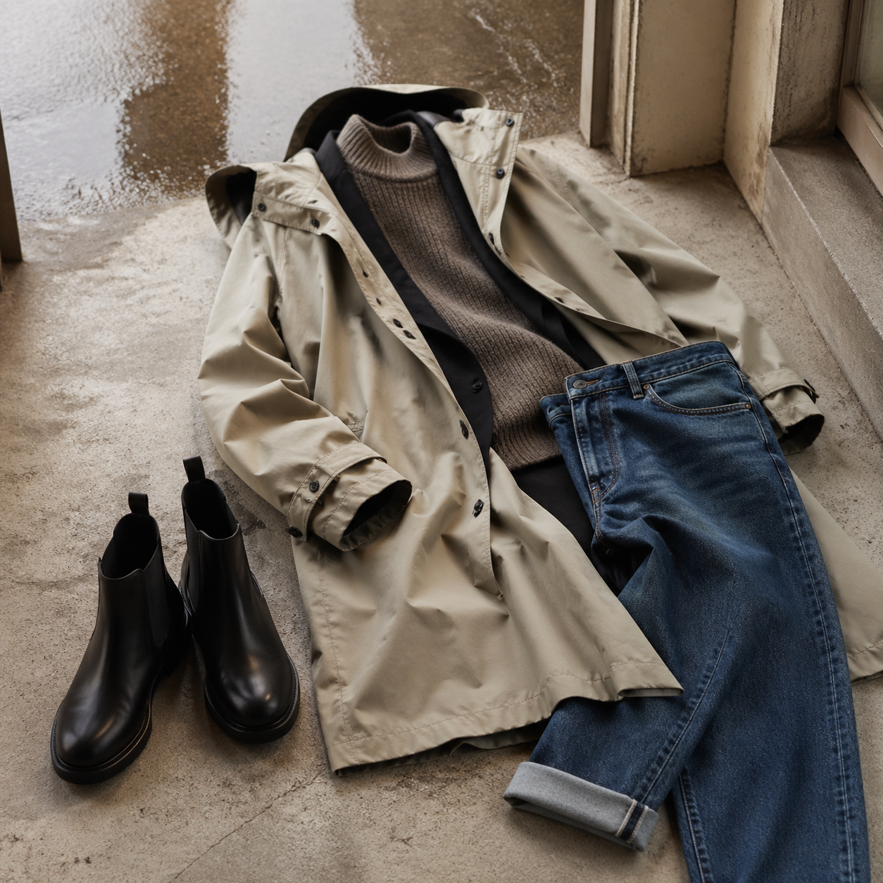 The Spring Rain Jacket That Does Not Ruin the Outfit visual with refined wardrobe shapes, fabric texture, and calm editorial color.