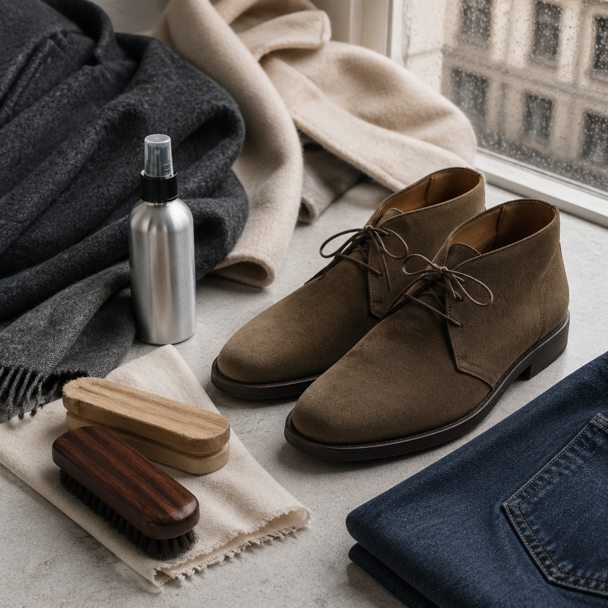 Suede in City Weather Needs a Plan visual with refined wardrobe shapes, fabric texture, and calm editorial color.