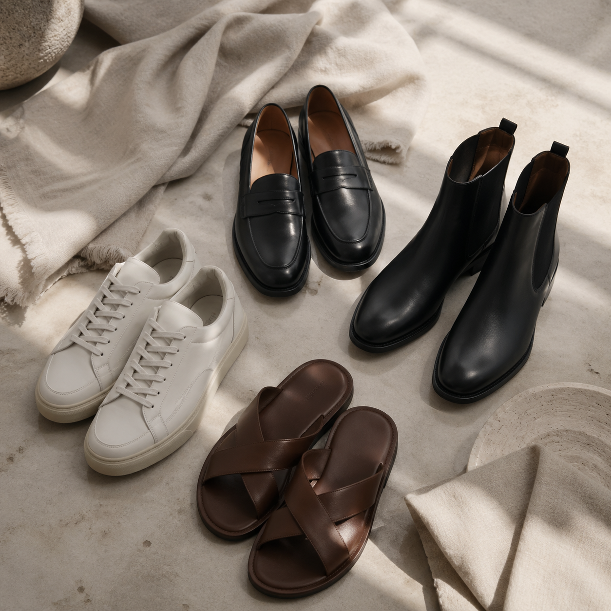 The Three-Shoe Capsule for Everyday Life visual with refined wardrobe shapes, fabric texture, and calm editorial color.