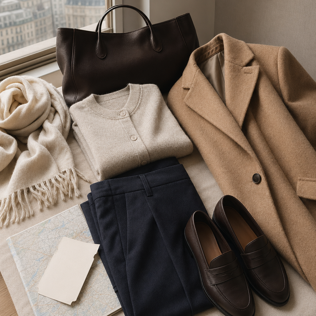 Train Travel Outfits for Long Sitting and Real Arrival Plans visual with refined wardrobe shapes, fabric texture, and calm editorial color.