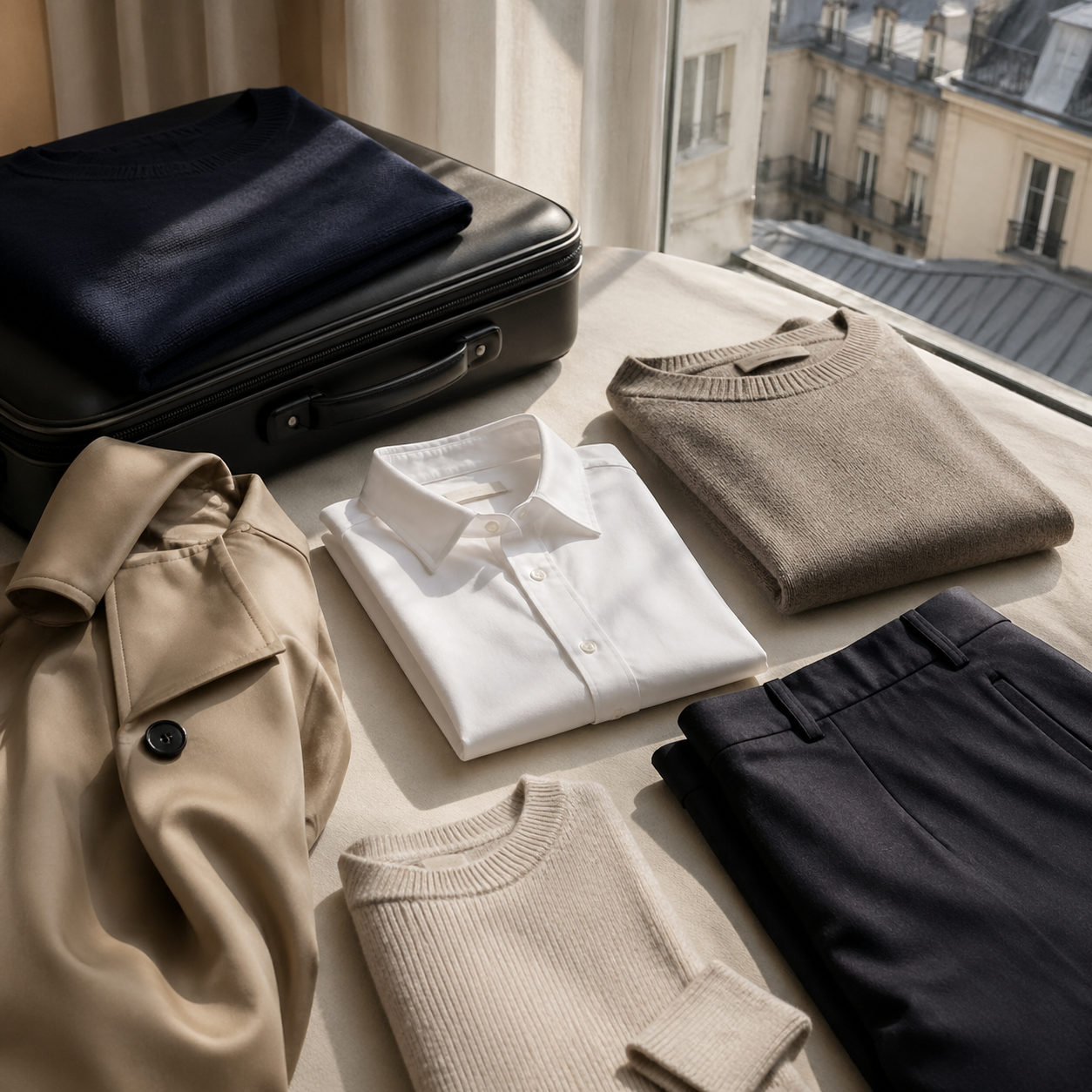 The Minimalist Travel Wardrobe That Still Feels Like You visual with refined wardrobe shapes, fabric texture, and calm editorial color.