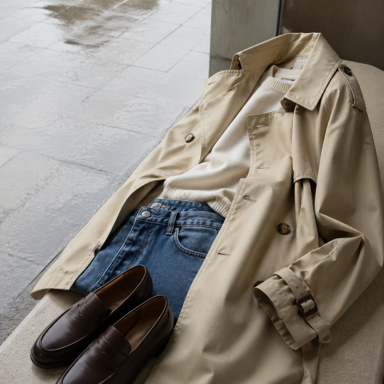 The Trench Coat Weather Guide visual with refined wardrobe shapes, fabric texture, and calm editorial color.
