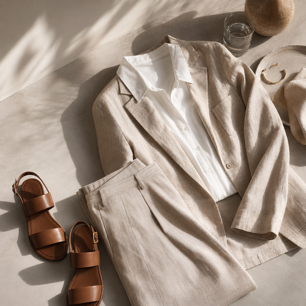 Warm-Weather Workwear Without Barely-There Dressing visual with refined wardrobe shapes, fabric texture, and calm editorial color.