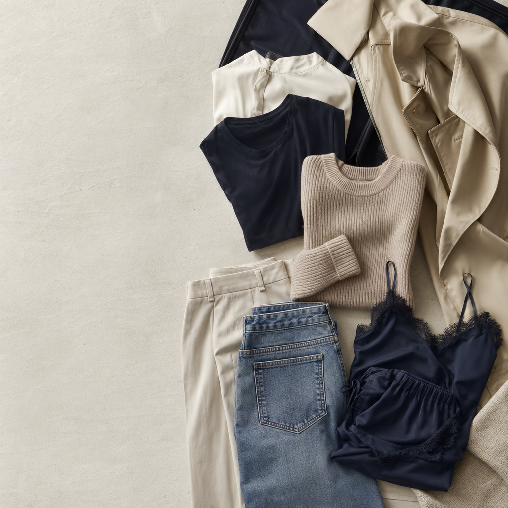 A Weekend-Away Packing List With No Spare Outfit Panic visual with refined wardrobe shapes, fabric texture, and calm editorial color.