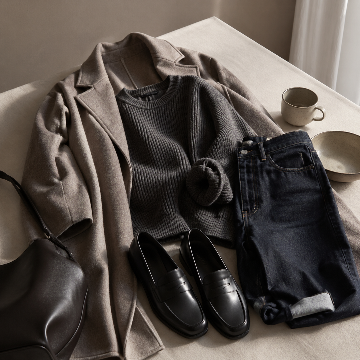 The Weekend Uniform, Sharpened visual with refined wardrobe shapes, fabric texture, and calm editorial color.