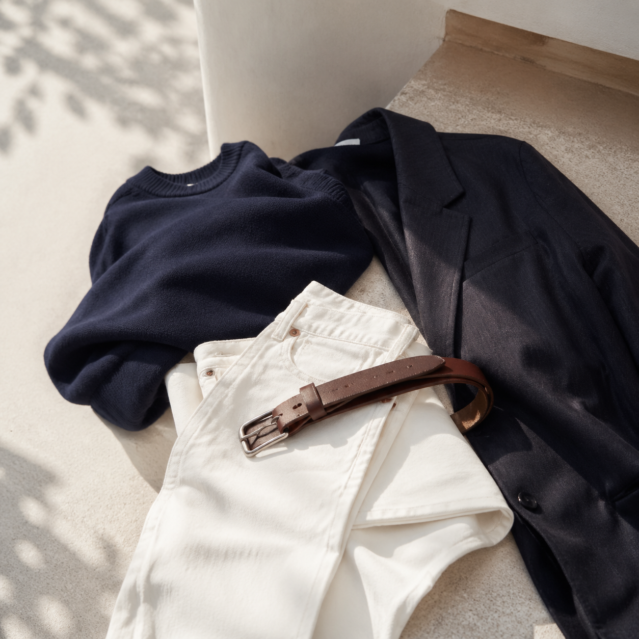 White Denim Without the Resort Mood visual with refined wardrobe shapes, fabric texture, and calm editorial color.