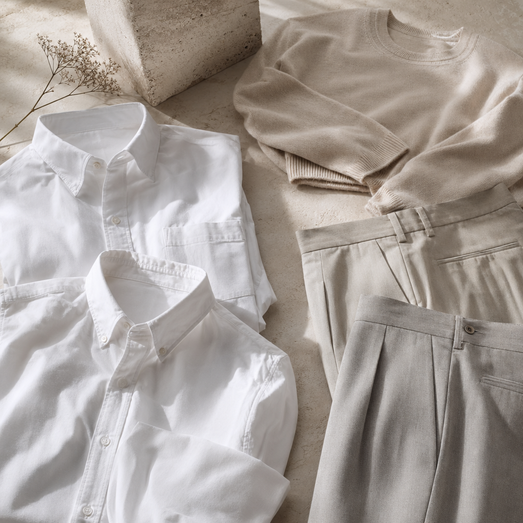 How a White Shirt Should Fit Before It Becomes Useful visual with refined wardrobe shapes, fabric texture, and calm editorial color.
