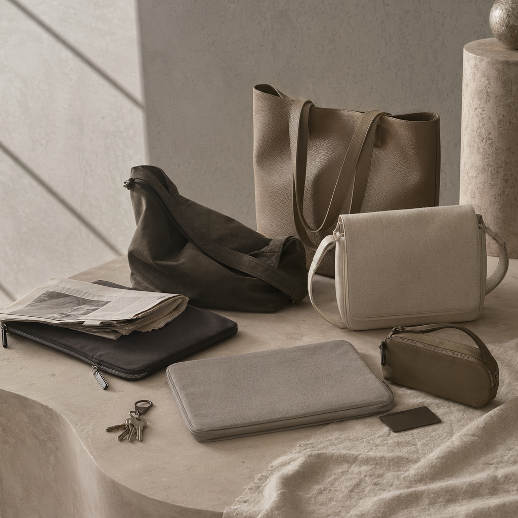 A Work Bag Should Be Chosen Like Furniture visual with refined wardrobe shapes, fabric texture, and calm editorial color.
