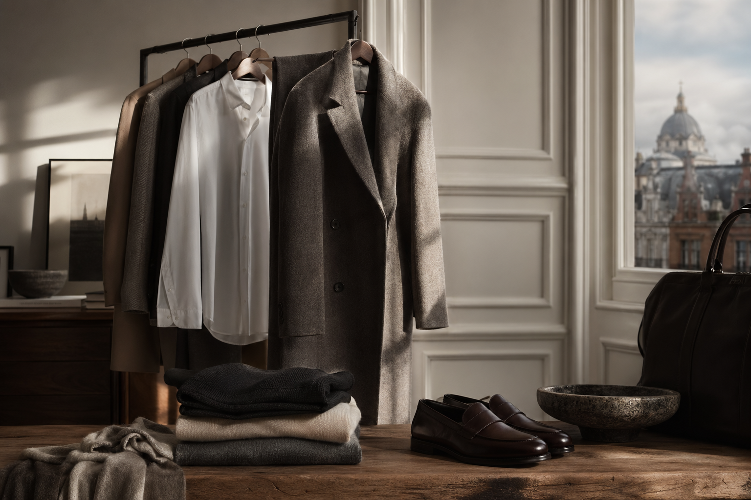 Editorial wardrobe study with folded knitwear, coats, shoes, and soft daylight.