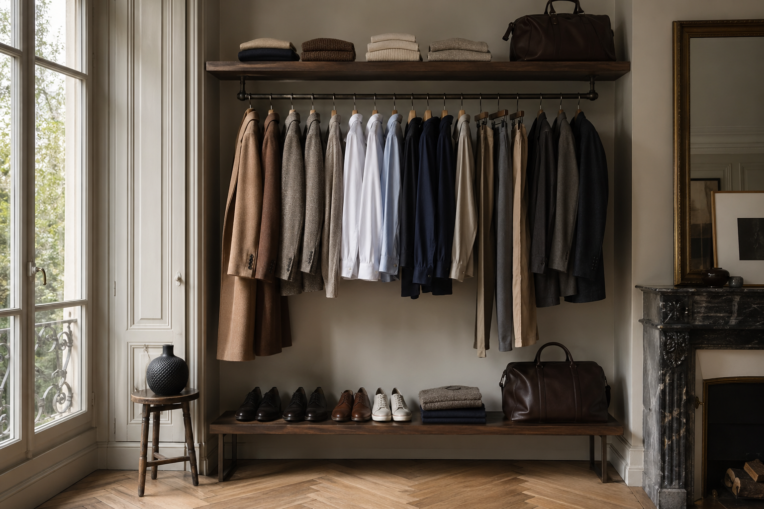 A practical wardrobe, edited with patience. editorial image for Fika Looks.