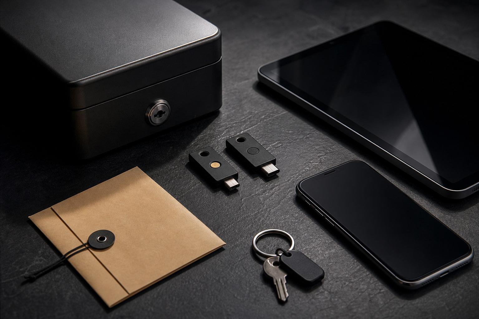 Password manager workspace with secure vault, login cards, and creator business devices