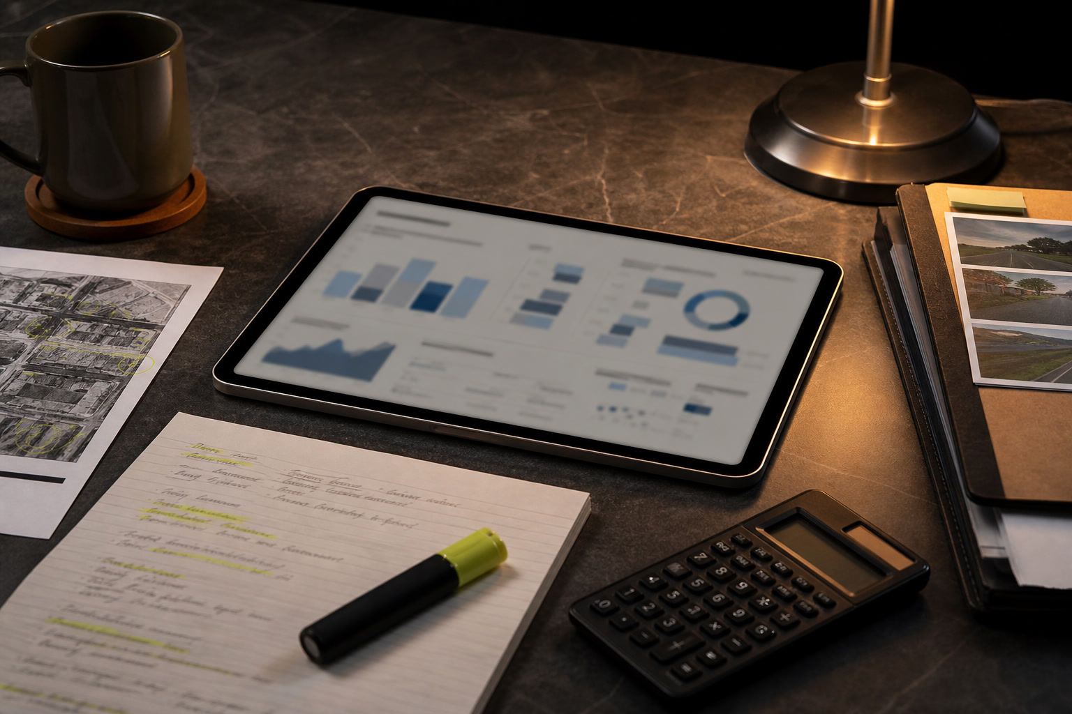 Analytics dashboard review with laptop charts, campaign notebook, and traffic source notes