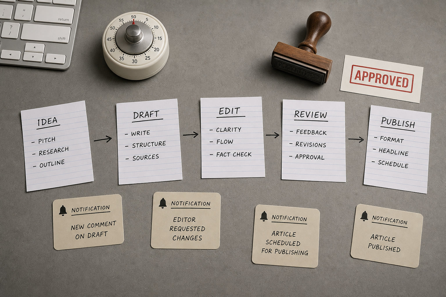 Editorial automation workflow with task cards, laptop, approval checklist, and alert notes
