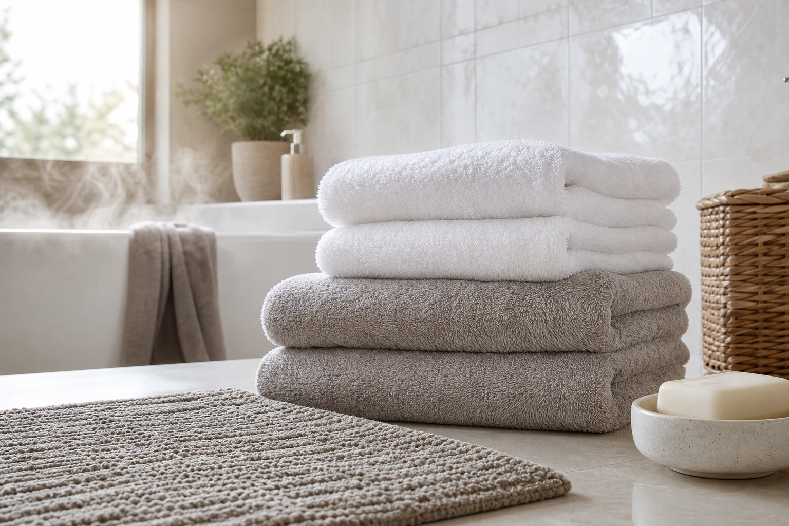 Bathroom textiles with towels, bath mat, soap, and storage basket