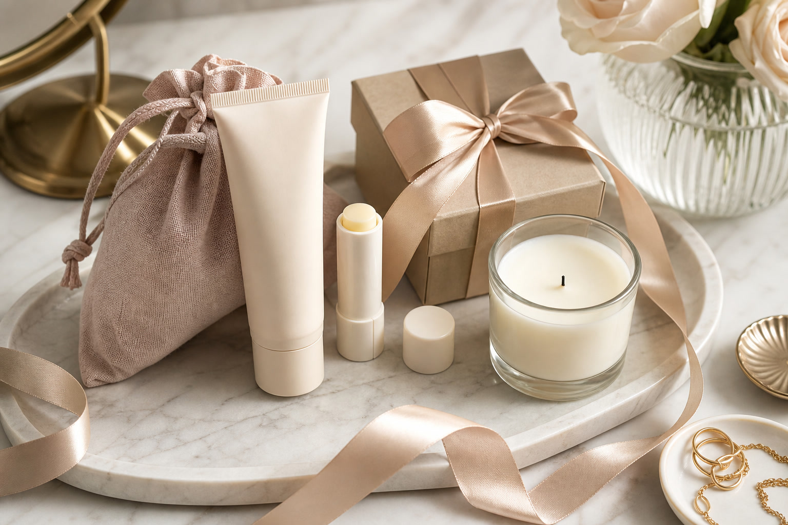 Beauty gifts under fifty with lip balm, hand cream, and boxed minis