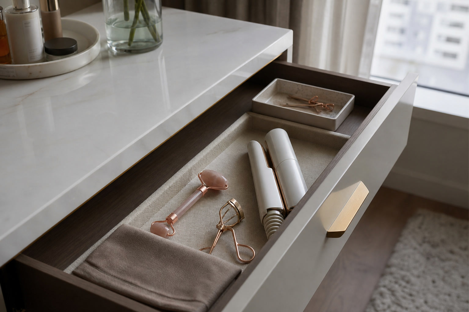 Beauty tools arranged on a tray with storage box and cleaning cloth