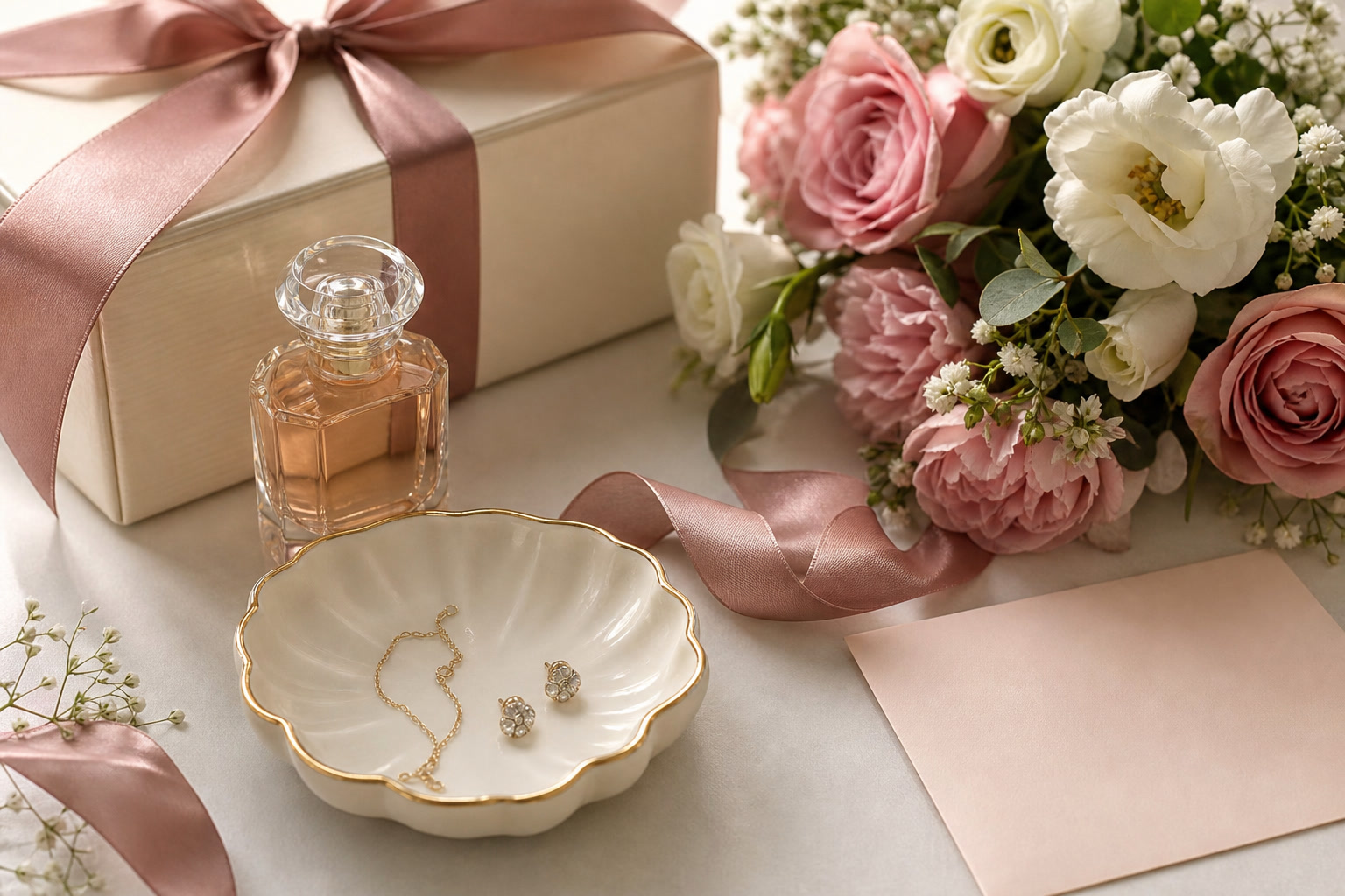 Birthday gift arrangement with jewellery dish, ribbon, card, and flowers