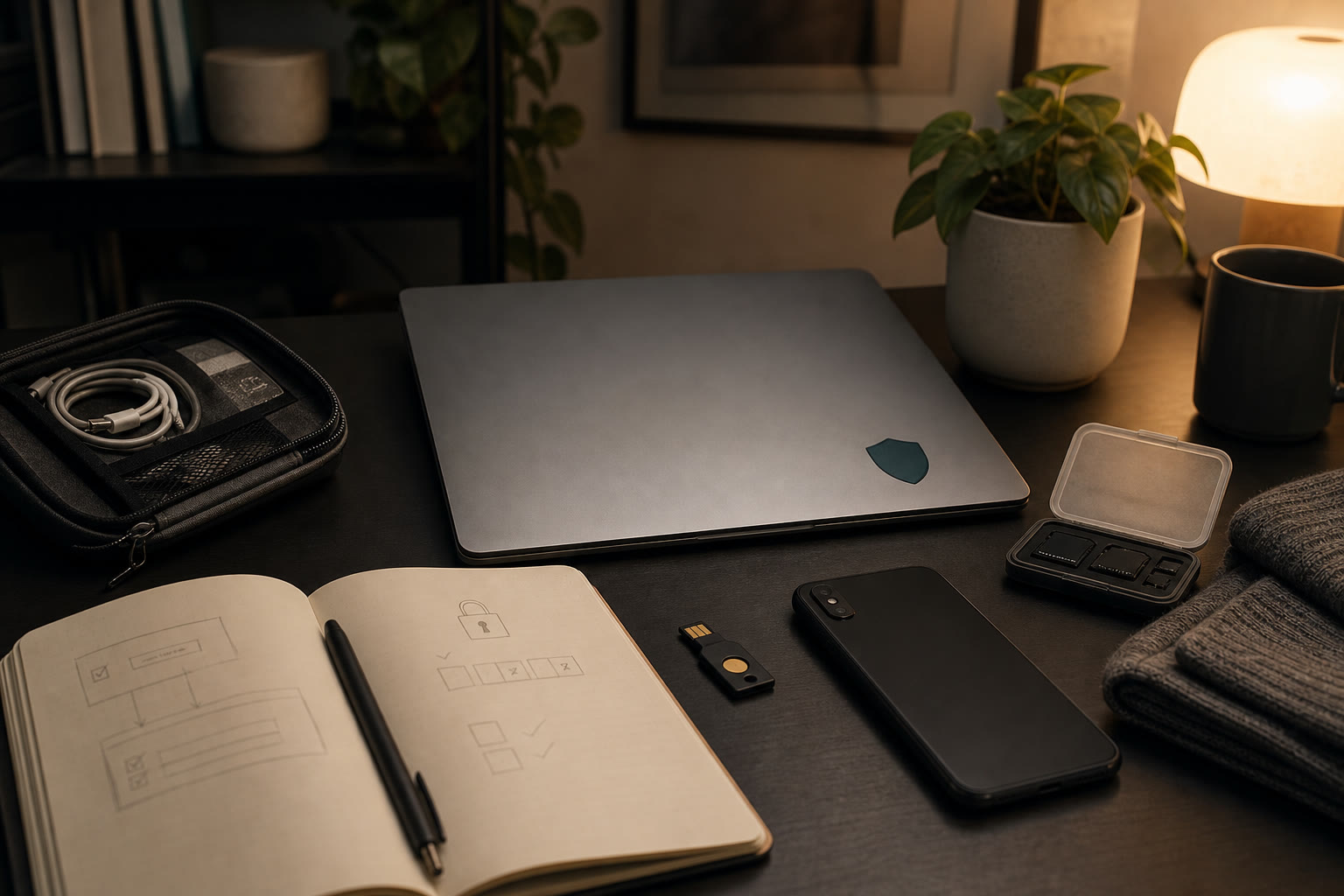 Creator device security desk with closed laptop, hardware key, phone, recovery notebook, and cable pouch