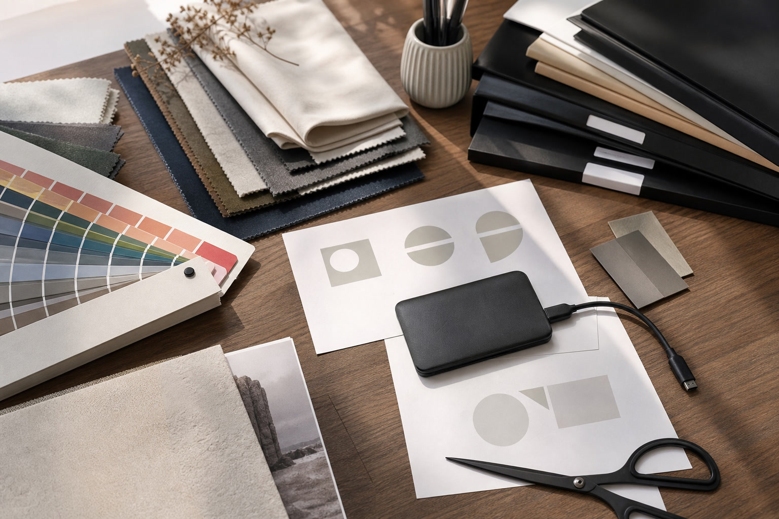 Brand asset library workspace with folders, color cards, logo files, and shared drive notes