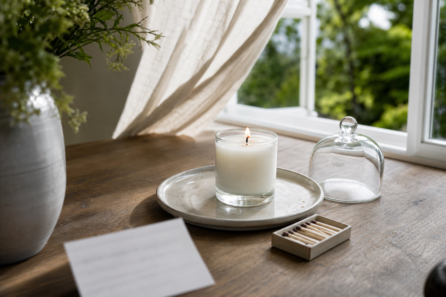 Unscented and lightly scented candles beside matchbox and open window