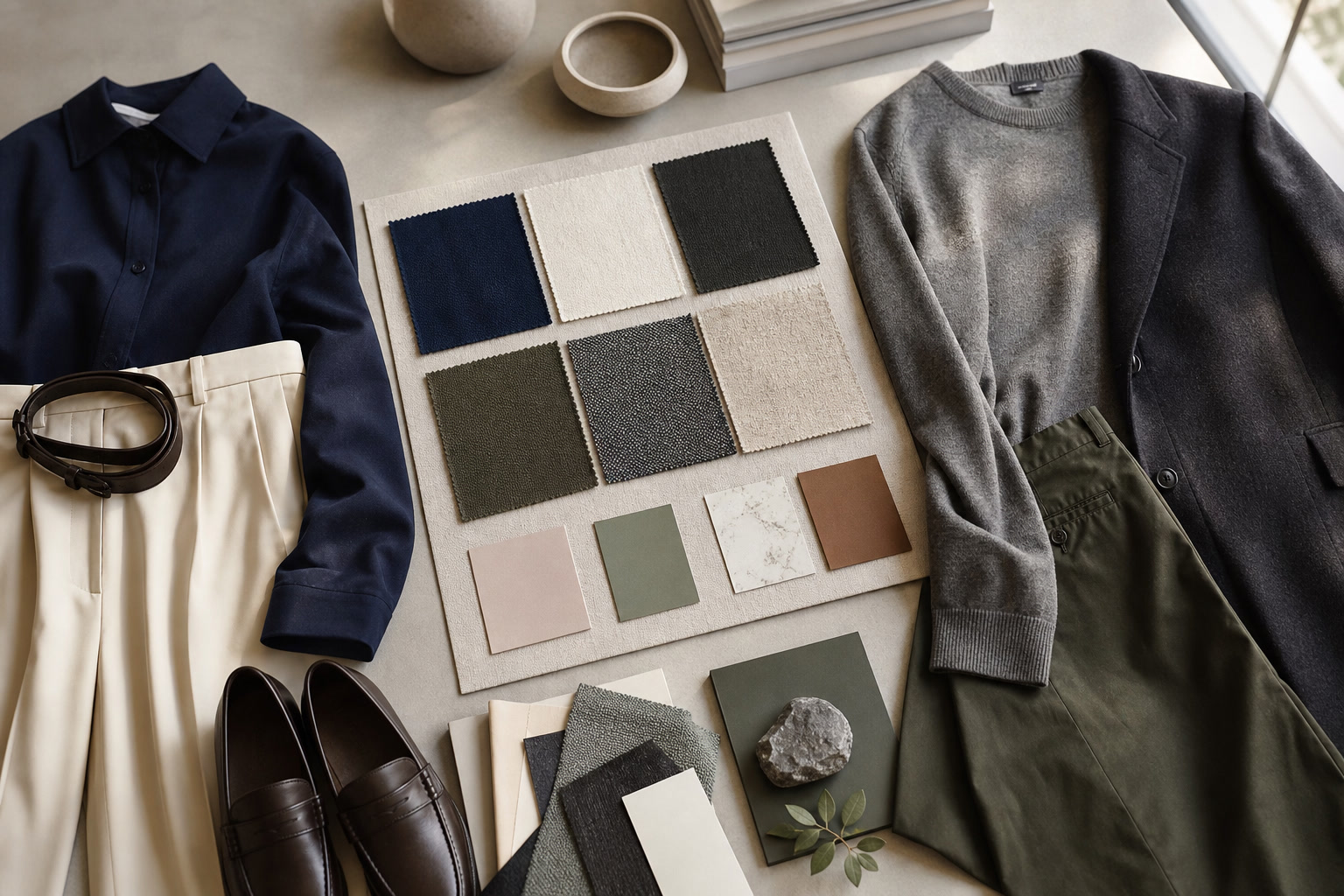 Wardrobe colour palette cards beside fabric swatches and outfit notes